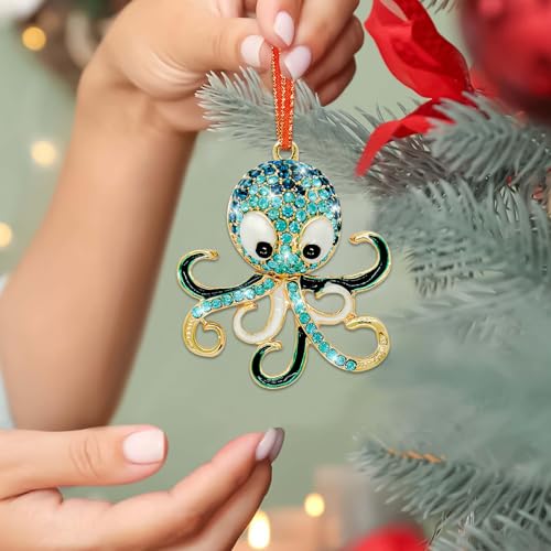 Blue Octopus Christmas Ornament - Metal Rhinestone Hanging Decor