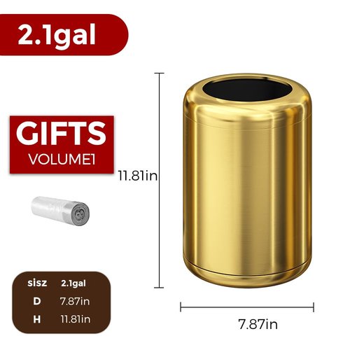 LEASYLIFE 8L/2.1gal Brass Gold Trash Can,Small Bathroom Garbage Can,Brushed Trash Can for Bathroom,Powder Room,Bedroom,Office (Gold)