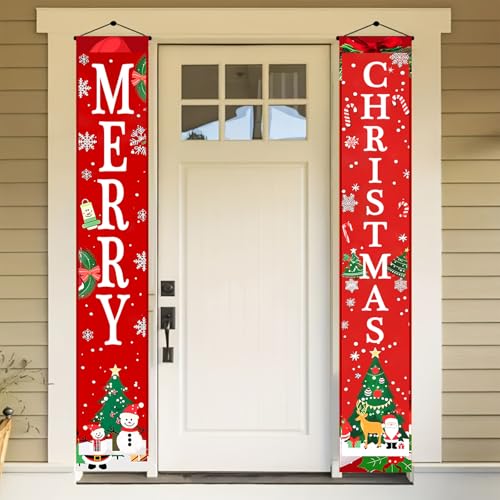 BlissYard Merry Christmas Decorations 30x71 Inch Red Banner with Snowman Santa Gifts – Christmas Door Porch Wall Decor (Variation: Christmas Door Banner#3)