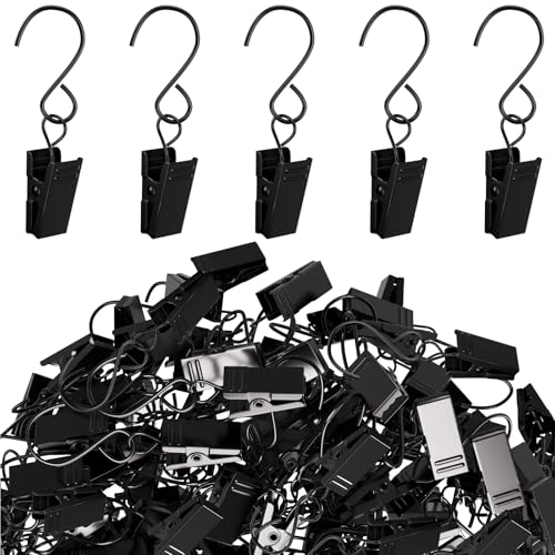 100 Pack Stainless Steel S Hooks with Curtain Clips, 2.4 Inch Black Hangers