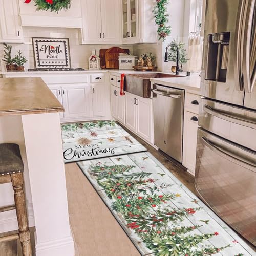 Twyt Decor Christmas Tree Holly Kitchen Rugs Set of 2 - 17x47 & 17x30 Non-Slip, Wood Grain Winter Decor (Variation: Christmas Tree)