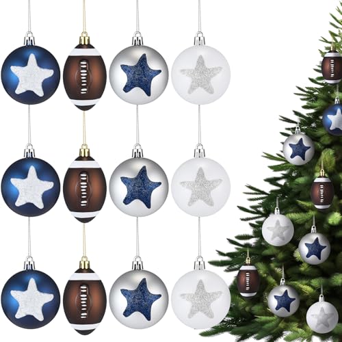 Norme 12 Pack Football Christmas Ornaments 2.4-inch Blue & White Team Decor