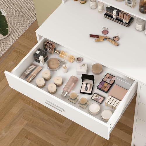 White Makeup Vanity Desk with Lighted Mirror, 5 Drawers & Storage Shelves