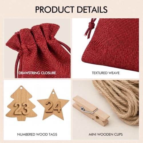 24-Pack Christmas Advent Calendar Gift Bags with Wooden Tags & Clips