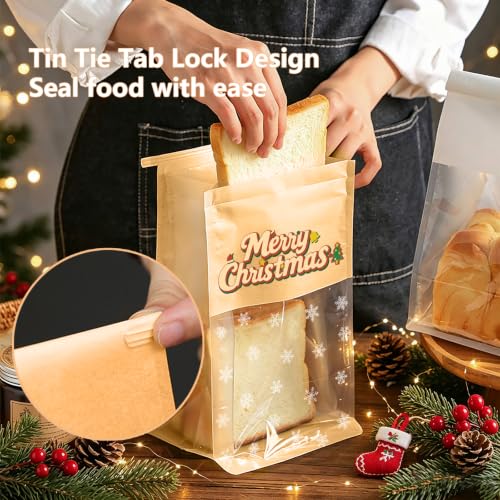 Medium Christmas Cookie Bags with Seal - 100 Pack Resealable Paper Treat Bags with Tin Tie for Baked Goods