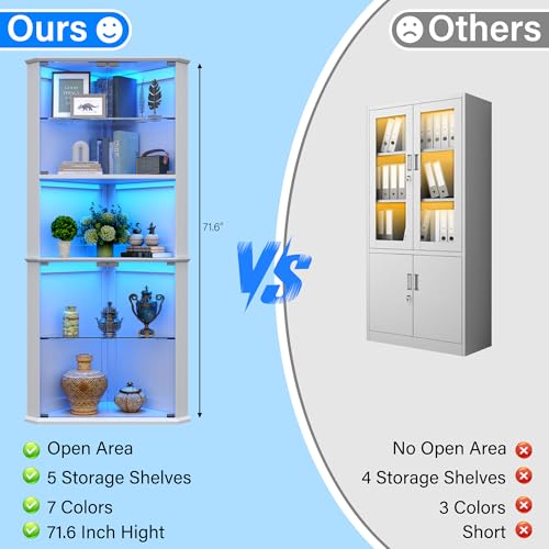 72-inch Corner Curio Cabinet with RGB LED Lights and Adjustable Shelves