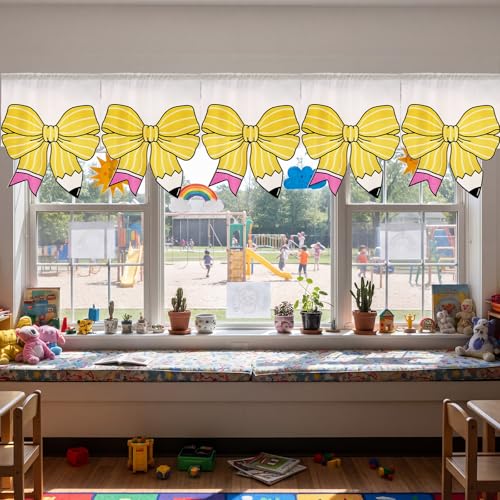 6-Piece Pencil Pattern Classroom Curtains with Bows - 24 x 28 Inch Velvet