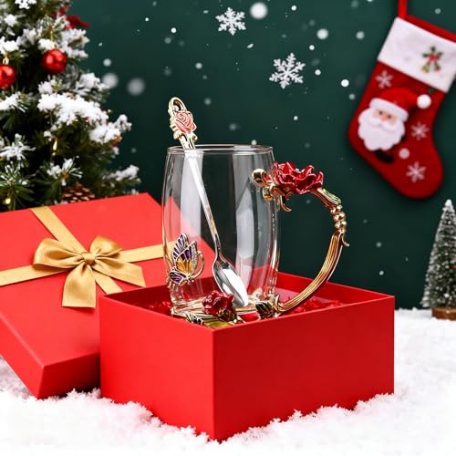 Guon-Wuvl 12 OZ Handicraft Crystal Glass Tea Mug with 3D Flower Butterfly Design and Gift Pack - Red Rose