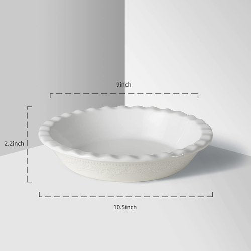 Fun Elements 9-Inch Ceramic Pie Pan - Deep Dish with Lace Emboss & Ruffled Edge | Perfect for Baking & Gifts