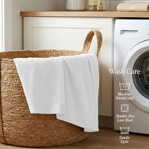 Threadmill 100% Cotton Queen Blanket - All-Season Herringbone Weave, White