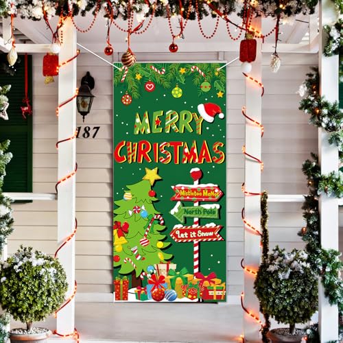 Christmas Door Cover with Tree & 'MERRY CHRISTMAS' Banner 31.5x67 inches