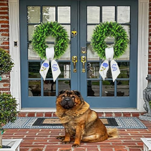 20-Inch Boxwood Wreath with Personalized Monogram Sash for Front Door