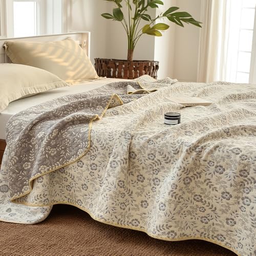 Lightweight Cotton Muslin Blanket - Floral 4-Layer Bed Quilt