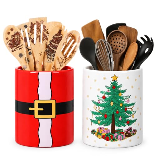 FoldTier Christmas Utensil Holder Set with Santa Belt & Christmas Tree Designs - Kitchen Decor, 2 Pcs, Holiday Gift