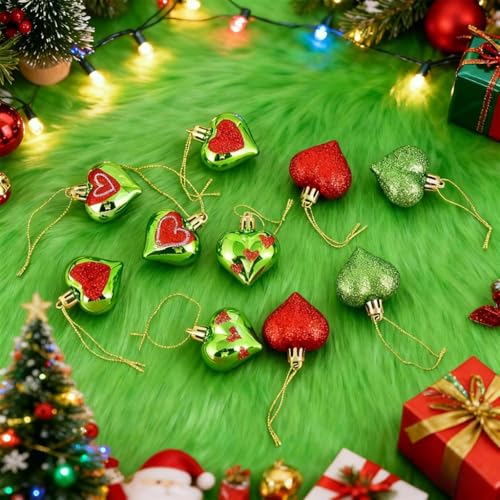 30 Pcs 5 Styles Lime Green Christmas Heart Ornaments 1.8 Inch Glittering Heart Shaped Tree Hanging Ornaments for Christmas Anniversary Wedding Party Valentine Mother's Day Decoration
