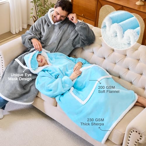Oversized Sherpa Wearable Blanket Hoodie with Eye Mask - Grey Soft Flannel