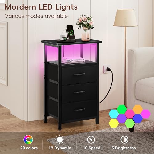 Set of 2 LED Nightstands with Charging Station, 3-Drawer Bedside Side Table
