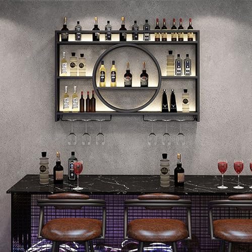 3-Tier Wall Mounted Wine Rack with LED Lights - Modern Metal Liquor Shelf