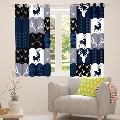 Manfei Camo Deer Antlers Blackout Curtains 52x84 in - 2 Panel Grommet Set, Blue Grey Plaid Patchwork