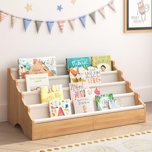Bamboo Toddler Bookshelf - Montessori Style Kids Book Storage Rack