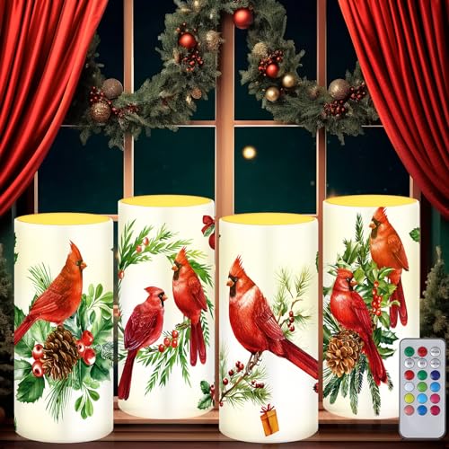 Christmas 4-Piece Flameless Red Bird Candles Set with Cardinal Design - Holiday Decor