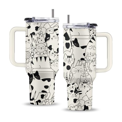 Uibunoo Line Cat 40oz Insulated Tumbler with Handle & Straw – Cat Lover Gift