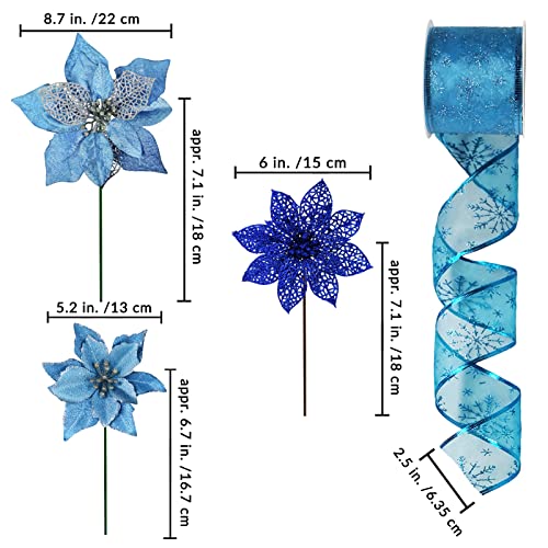 Blue Christmas Poinsettia Flowers & Ribbon Set - Holiday Decor, 24 pcs