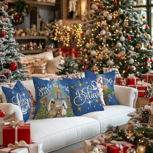 GEEORY Christmas Throw Pillow Covers 18x18 Inch Set of 4 Blue Holy Night Religious Decor