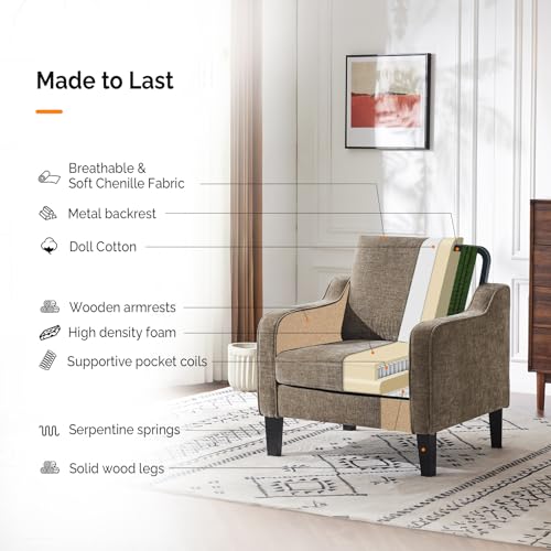 Chenille Upholstered Accent Chair with Solid Wood Legs for Living Room
