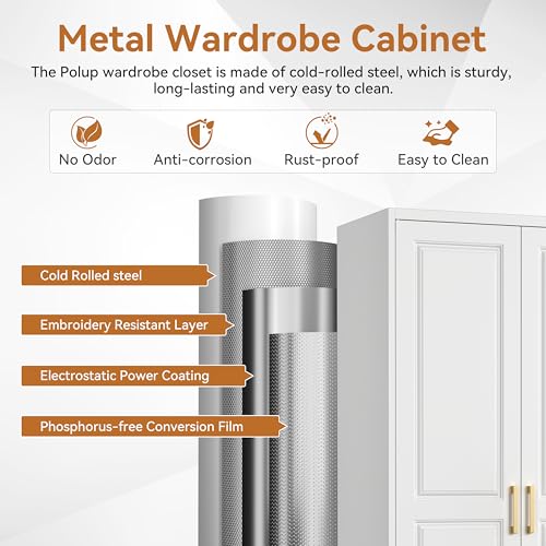 71" Tall Metal Wardrobe Closet with Hanging Rod and Adjustable Shelves, White