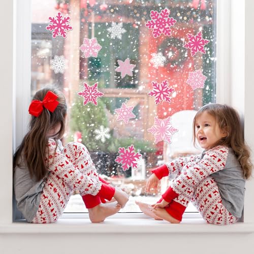 Whaline 30Pcs Pink White Snowflake Thick Gel Clings Christmas Winter Window Gel Decals for Xmas Winter Party Home School Office Decor