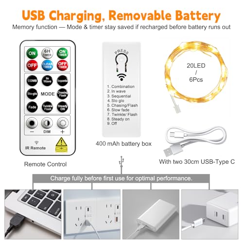Rechargeable Fairy Lights with Remote & Timer - 6 Pack 7ft Warm White LED