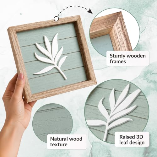 3D Sage Green Botanical Wall Art Set, 7x7 Framed Leaf Decor, 4-Piece