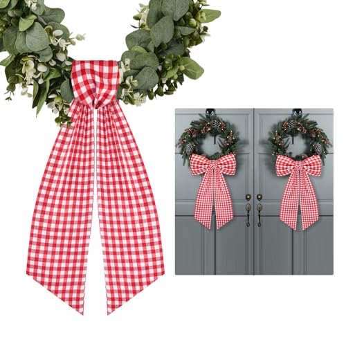 2 Pack Wreath Sash for Front Door White and Red Plaid Polyester