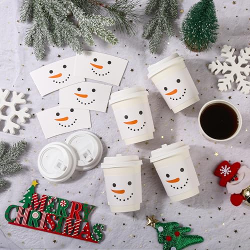 AimFun White Snowman Disposable Coffee Cups Set with Lids & Sleeves - 50 Pack