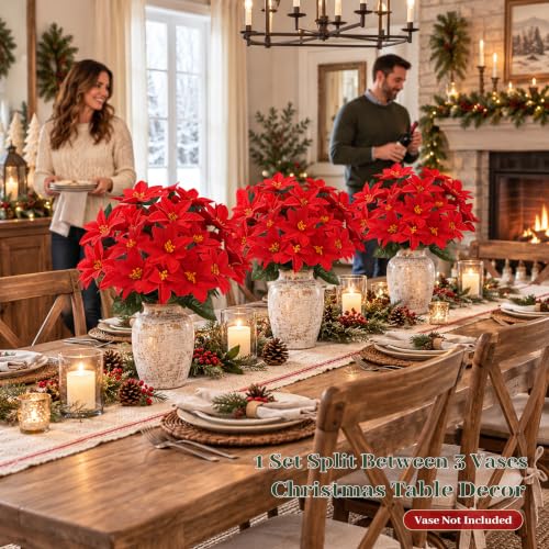 Der Rose 12-Pack Artificial Poinsettias - 15 Inch Red Christmas Flowers