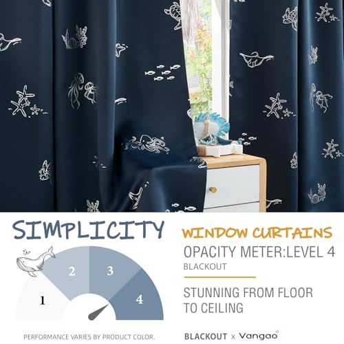 Ocean Print Blackout Curtains for Kids Bedroom, 52x63 Inch Navy, 2 Panels