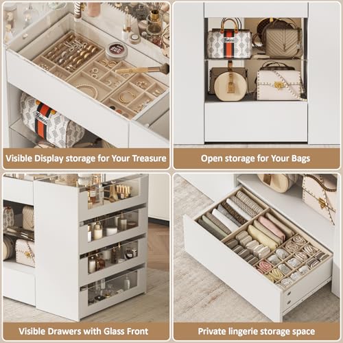 12-Drawer Closet Island with Glass Top and Display Shelves, White