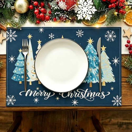 Navy Blue Christmas Placemats Set of 4 12x18 Inch Xmas Trees Snowflakes Holiday Table Decor