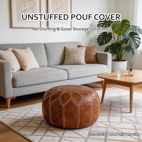 Round Faux Leather Unstuffed Pouf Ottoman - Boho Moroccan Foot Stool