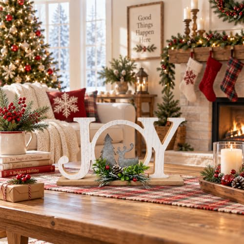 Rustic Wooden Christmas Joy Sign with Reindeer & Pinecone Decor - Farmhouse Holiday Table Centerpiece