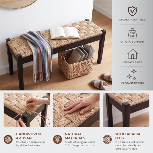 46-Inch Acacia Wood Entryway Bench with Woven Seagrass Seat