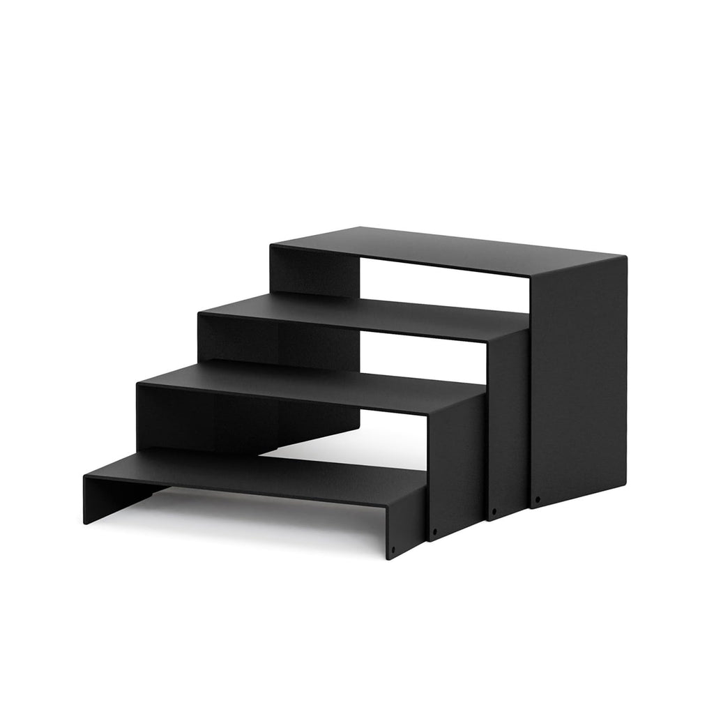 NEETBU Black Matte Metal Display Stand,8 Pcs 2 Set Display Risers, Metal Rectangular Display Shelf for Showcase, Dessert, Toys, Perfume (8Pcs-Black, L7“x8”x9)