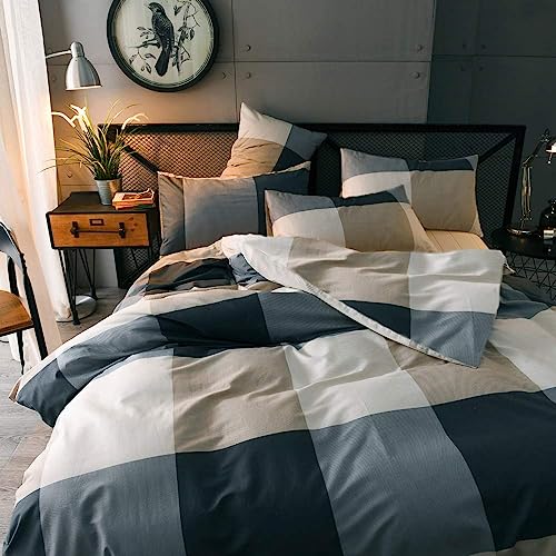 3-Piece Queen Comforter Set Fluffy Geometric Plaid Grid Bedding with Shams