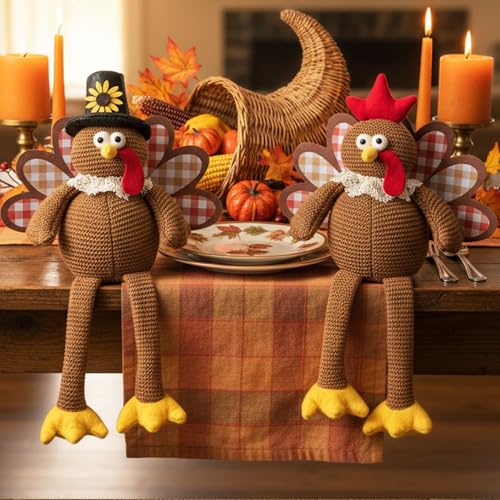 Plush Turkey Couple Decor Set with Dangling Legs - Fall Tabletop Centerpiece