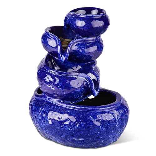 4-Tier Ceramic Tabletop Water Fountain, Cobalt Blue Cascading Indoor Decor