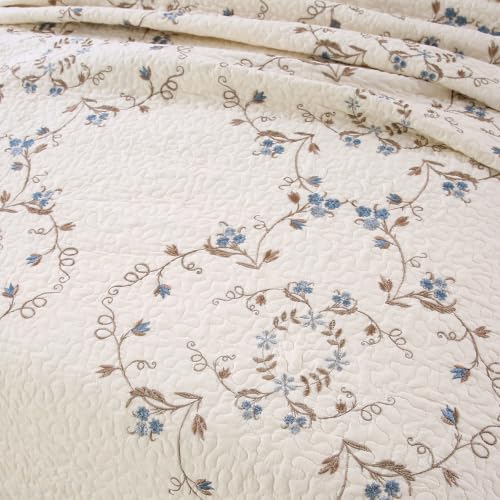 Elegant Floral Embroidered Bedspread Coverlet Set - Oversize Queen 100% Cotton