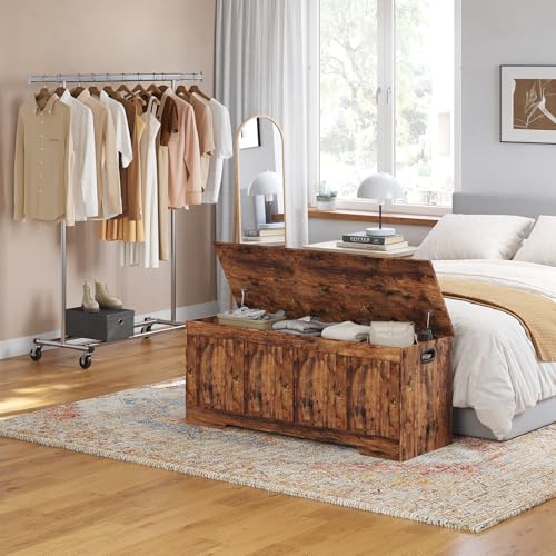 Rustic Wooden Storage Chest with Safety Hinges, 47-Inch Entryway Shoe Bench