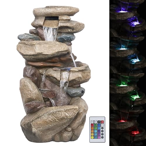 40-Inch Tiered Rock Floor Fountain with Color-Changing LED and Remote