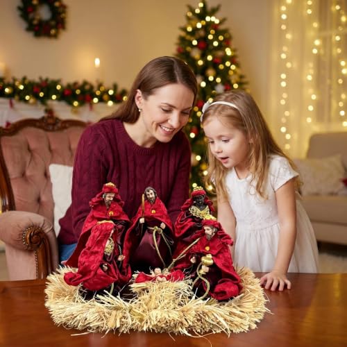 Oeihuivt Handmade Resin Nativity Scene Holy Family Christmas Decor - Red-6